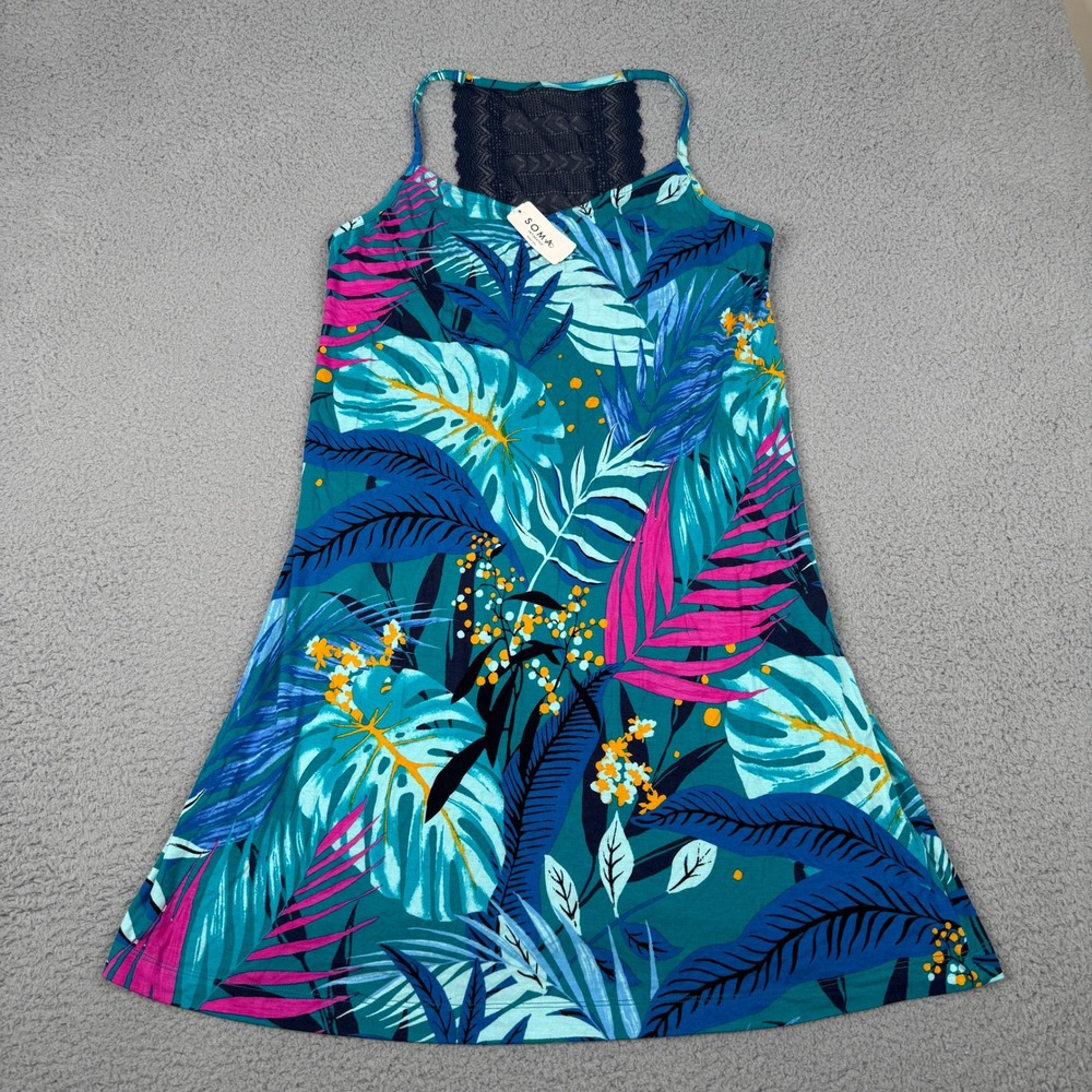 Soma Cool Nights Chemise Womens Medium Joyous Jungle Teal Tropical Lace Back NWT